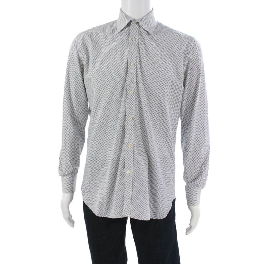 Ted Baker Mens Geometric Long Sleeve Collared Button-Down Shirt White Size 34